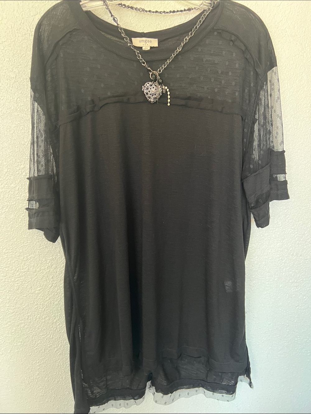 Umgee Black Short Sleeve Sheer Dot Yoke 👗 and locket necklace.
